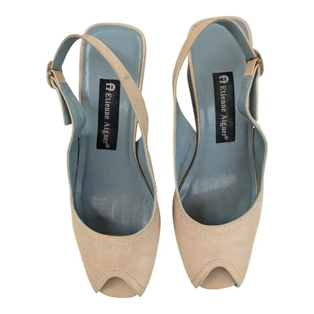 Etienne Aigner Scheme Beige Leather Peep-toe Slingback Wedge Sandals Size 7M